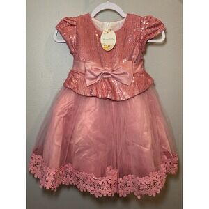 Bunny Lulu Pink Sequined Dress Zip Back & Bow Tie Ribbon Girl's Sz 120 (6/7) NWT